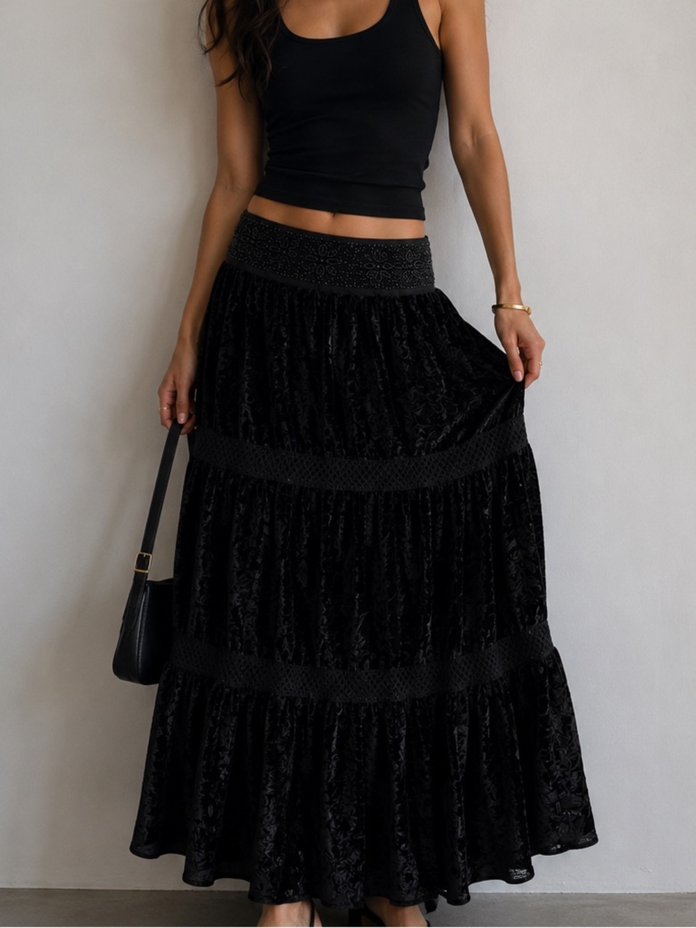 Black Velvet Tiered Maxi Skirt